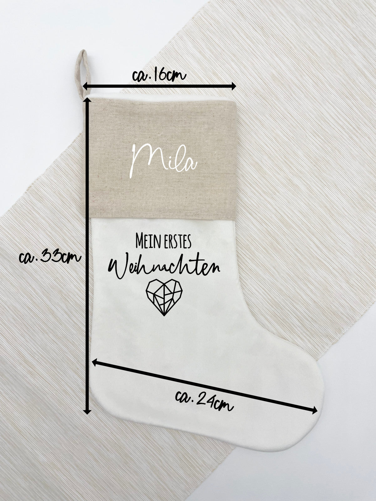 Weihnachtsstrumpf Beige/Weiß Personalisiert "Mein erstes Weihnachten"