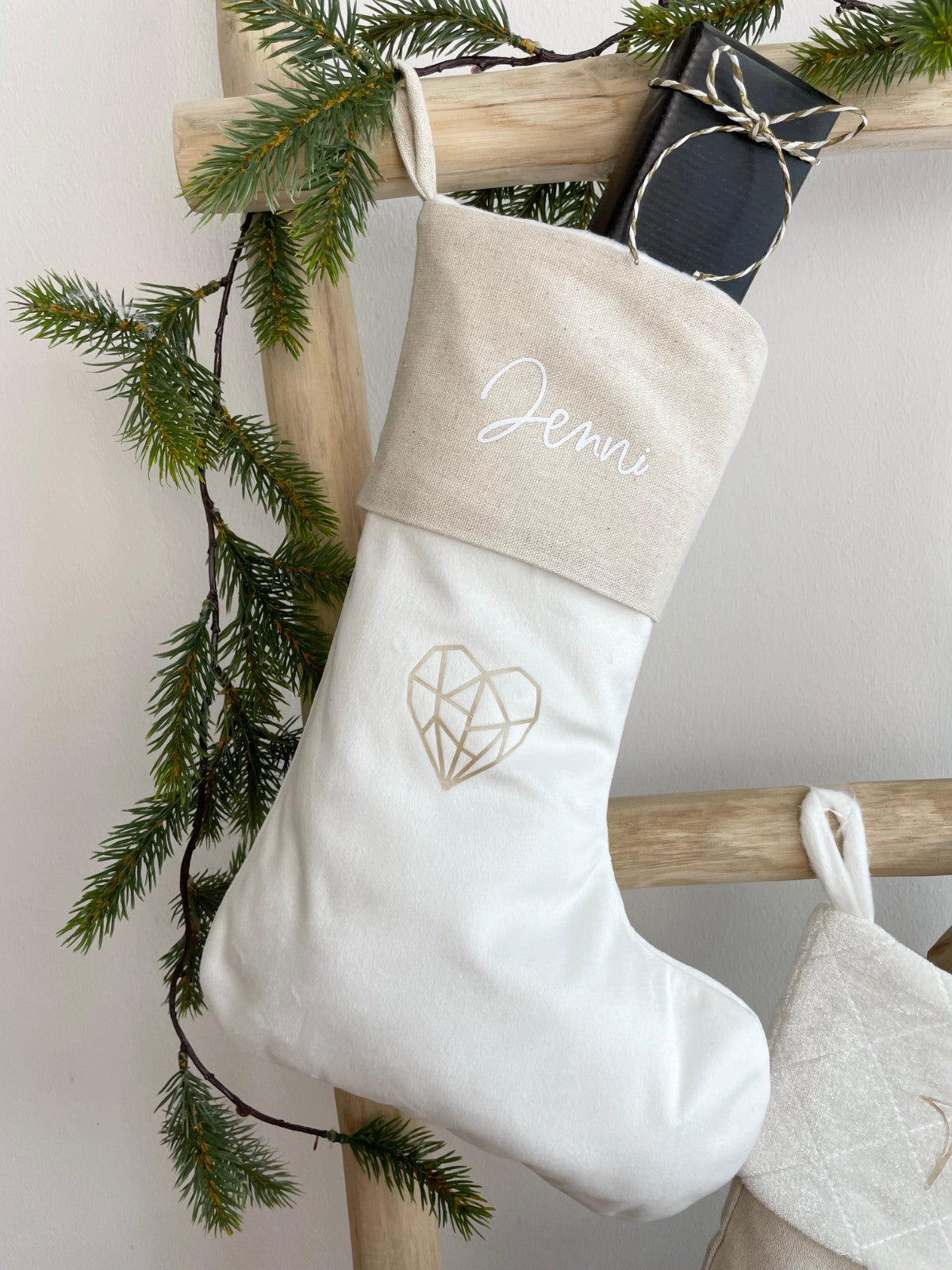 Weihnachtsstrumpf mit Name Personalisiert Beige/Weiß