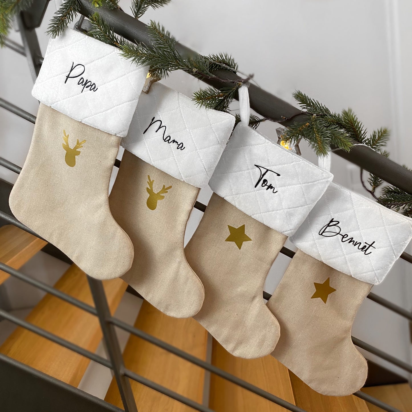 Weihnachtsstrumpf mit Name Personalisiert Weiß/Beige