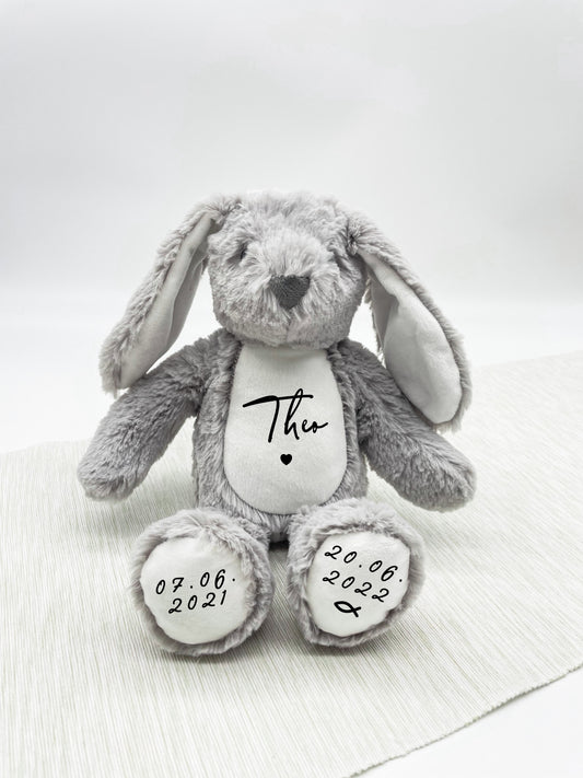 Kuscheltier Hase Grau Taufe - Personalisiert mit Name & Taufdatum