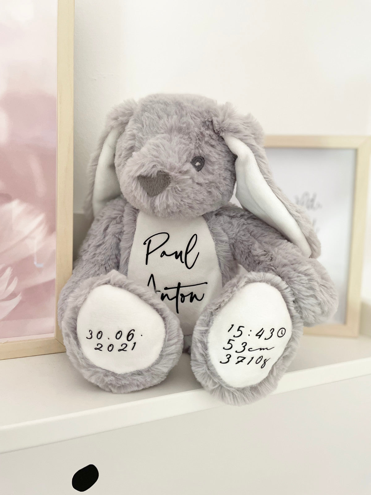 Kuscheltier Hase Grau Personalisiert mit Name & Geburtsdaten