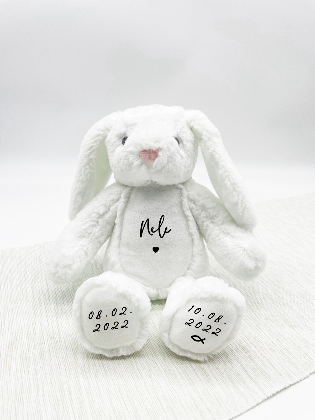 Kuscheltier Hase Weiß Taufe - Personalisiert mit Name & Taufdatum