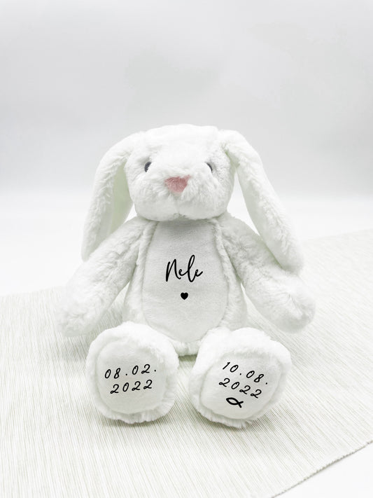 Kuscheltier Hase Weiß Taufe - Personalisiert mit Name & Taufdatum