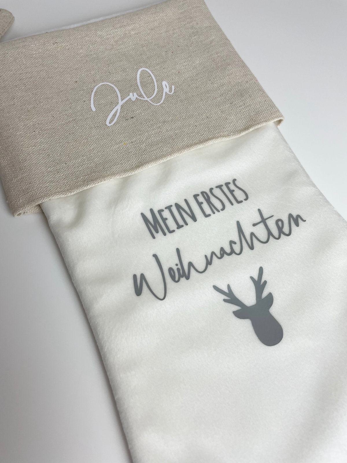 Weihnachtsstrumpf Beige/Weiß Personalisiert "Mein erstes Weihnachten"