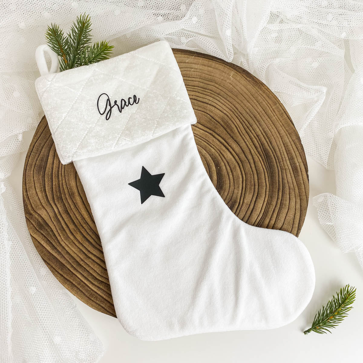 Weihnachtsstrumpf mit Namen Personalisiert Weiß/Weiß