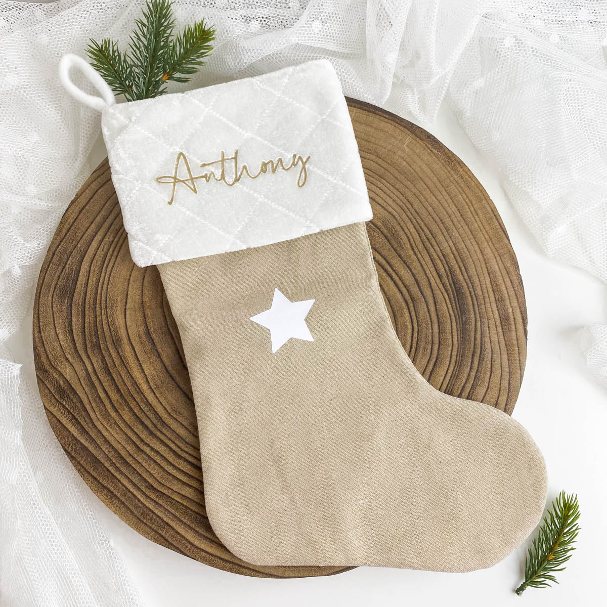 Weihnachtsstrumpf mit Name Personalisiert Weiß/Beige