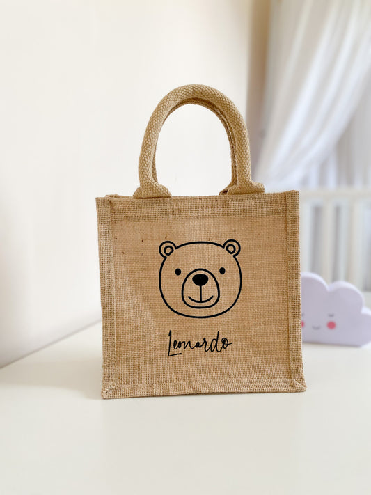 Kleine Jutetasche Bär & Name