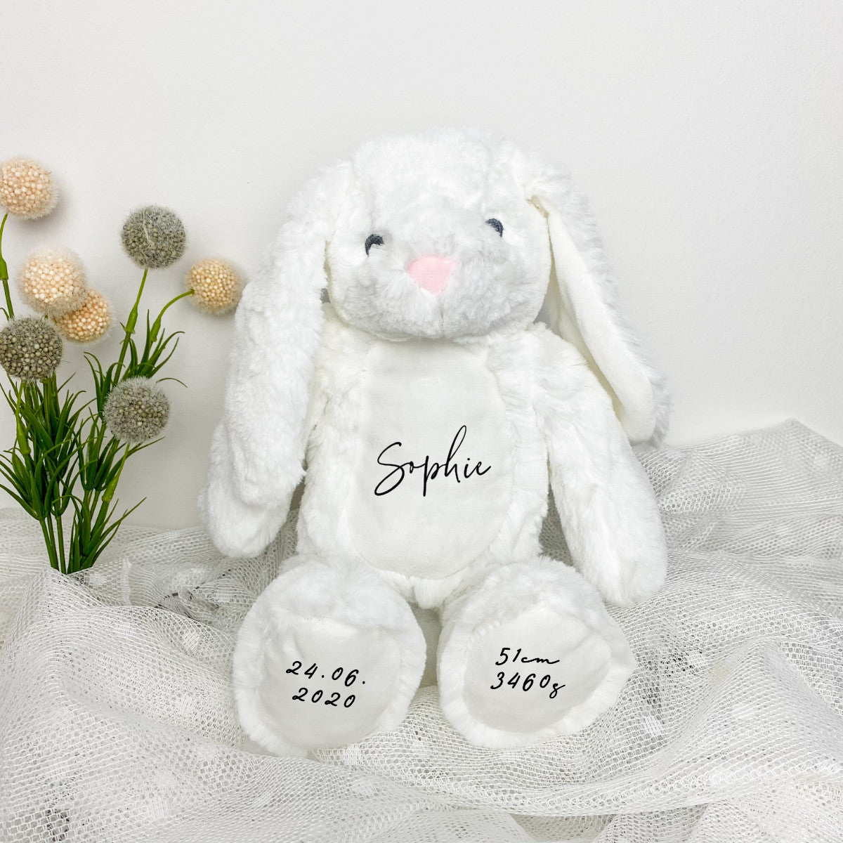 Kuscheltier Hase Weiß Personalisiert mit Name & Geburtsdaten