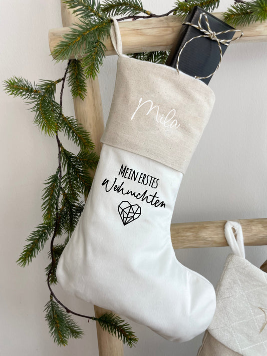 Weihnachtsstrumpf Beige/Weiß Personalisiert "Mein erstes Weihnachten"