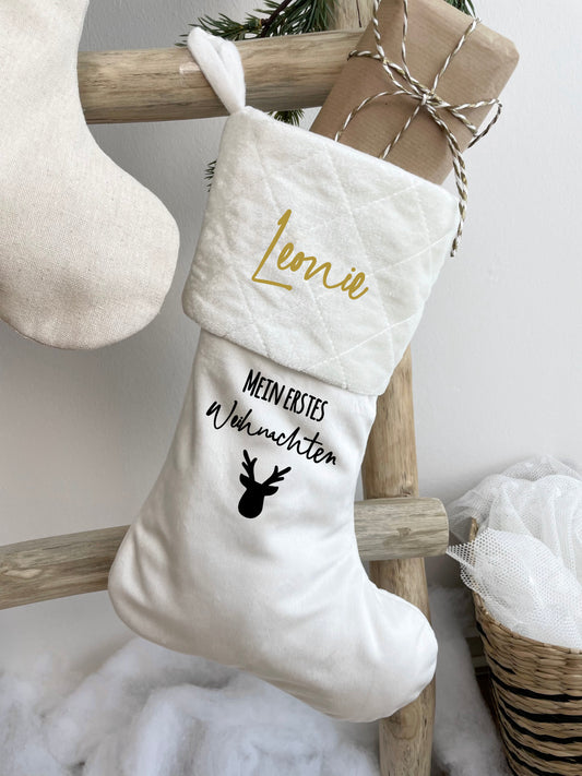 Weihnachtsstrumpf Weiß/Weiß Personalisiert "Mein erstes Weihnachten"