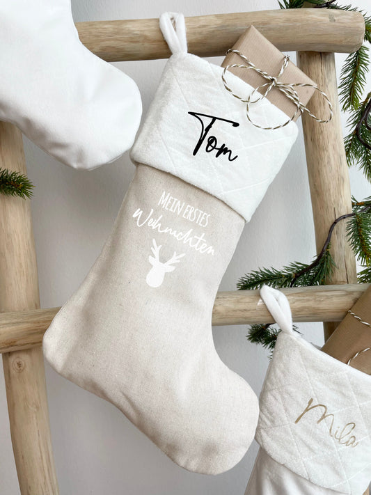 Weihnachtsstrumpf Weiß/Beige Personalisiert "Mein erstes Weihnachten"
