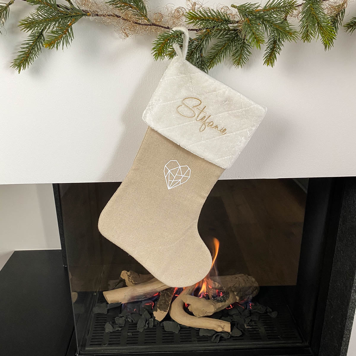Weihnachtsstrumpf mit Name Personalisiert Weiß/Beige
