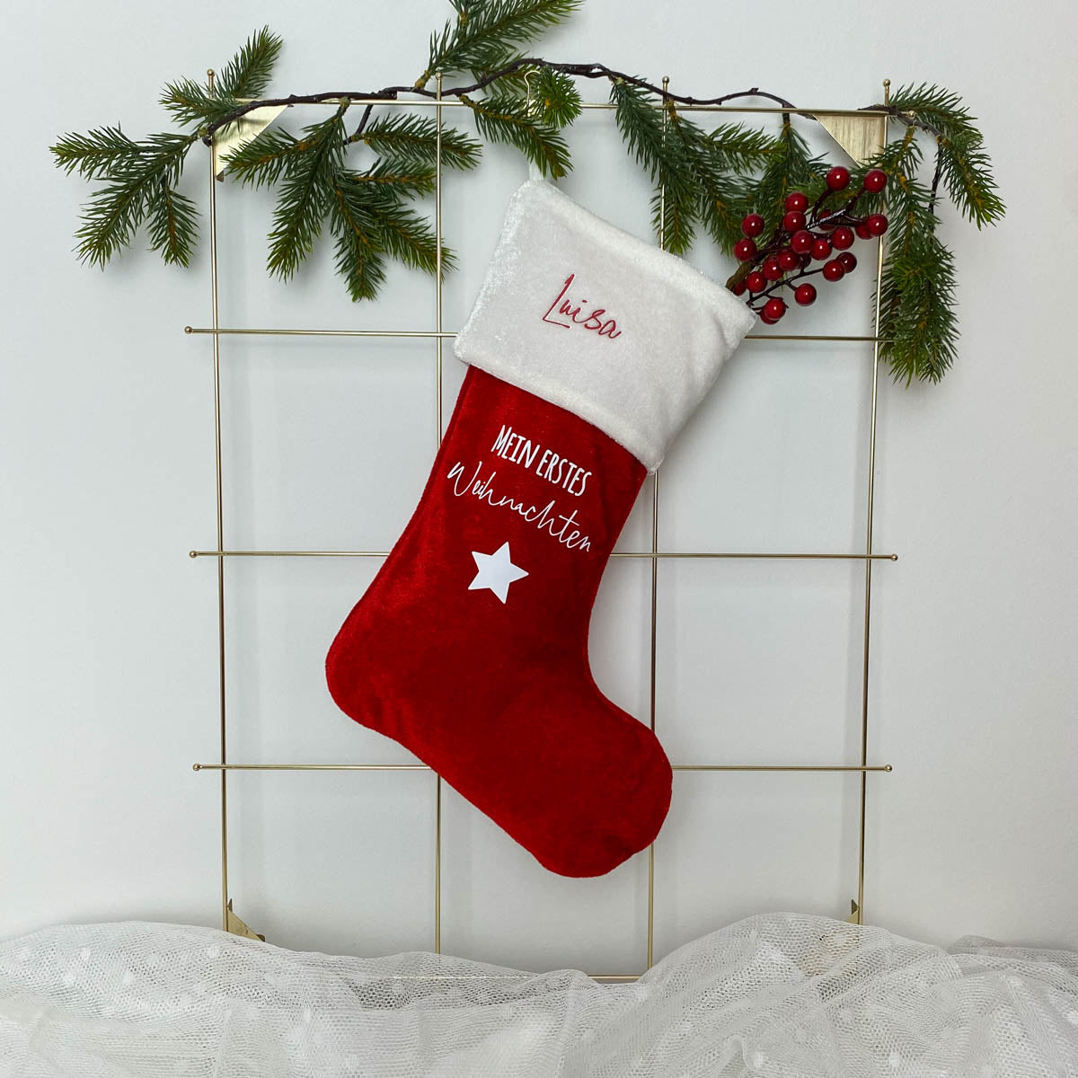 Weihnachtsstrumpf Weiß/Rot Personalisiert "Mein erstes Weihnachten"
