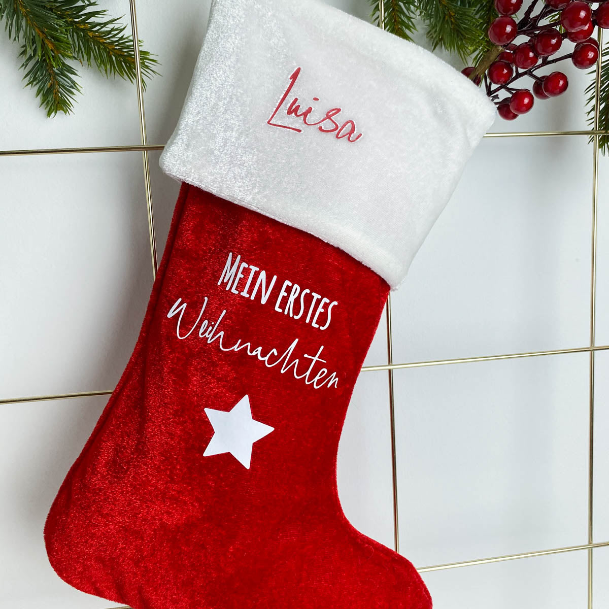 Weihnachtsstrumpf Weiß/Rot Personalisiert "Mein erstes Weihnachten"