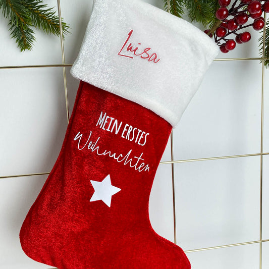 Weihnachtsstrumpf Weiß/Rot Personalisiert "Mein erstes Weihnachten"