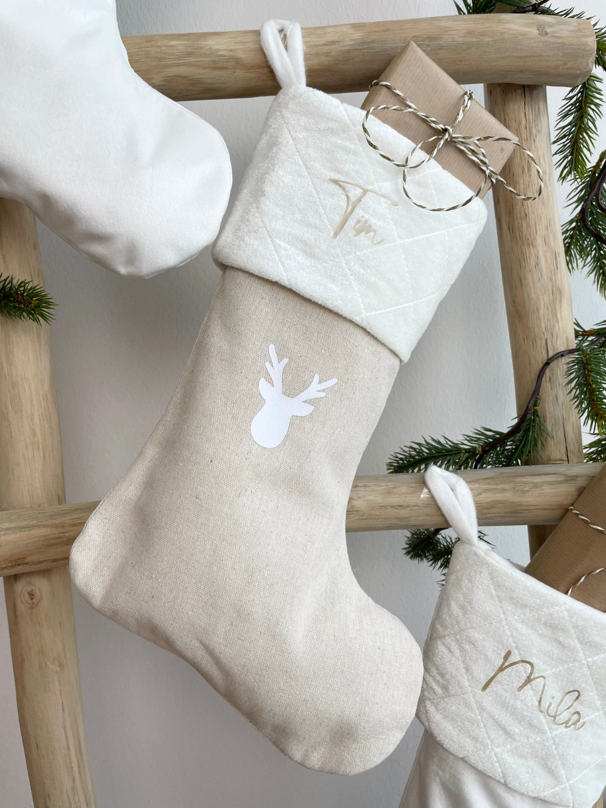 Weihnachtsstrumpf mit Name Personalisiert Weiß/Beige