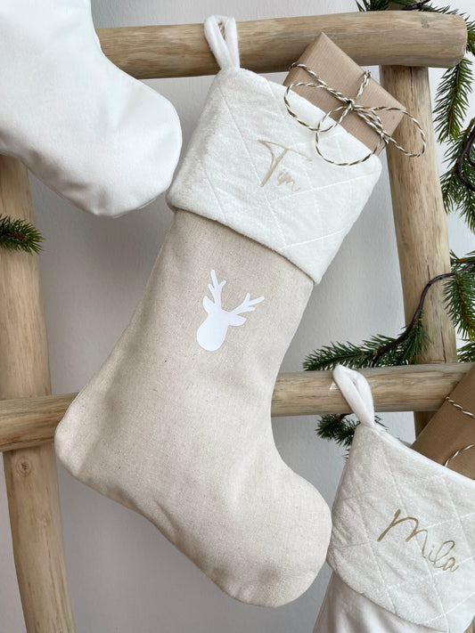 Weihnachtsstrumpf mit Name Personalisiert Weiß/Beige