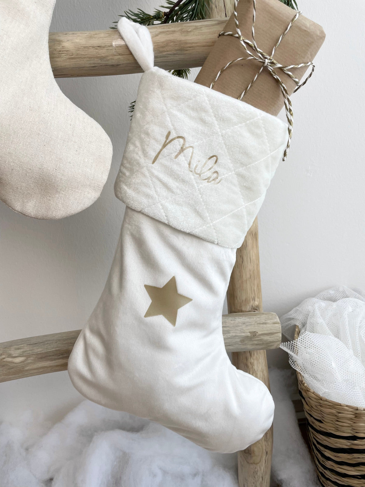 Weihnachtsstrumpf mit Namen Personalisiert Weiß/Weiß