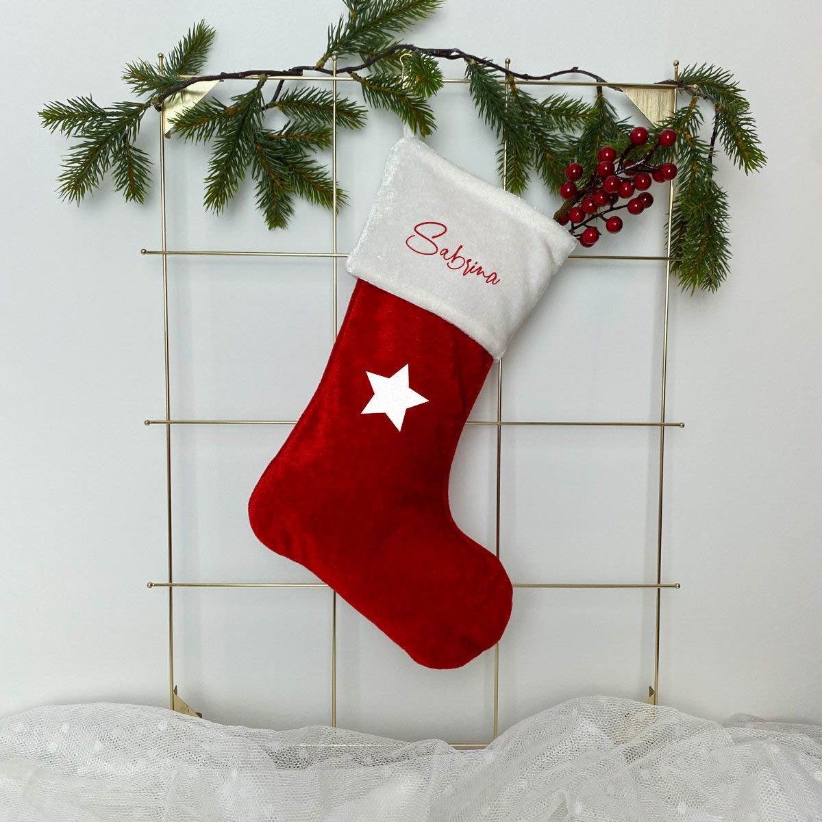 Weihnachtsstrumpf mit Name Personalisiert Weiß/Rot