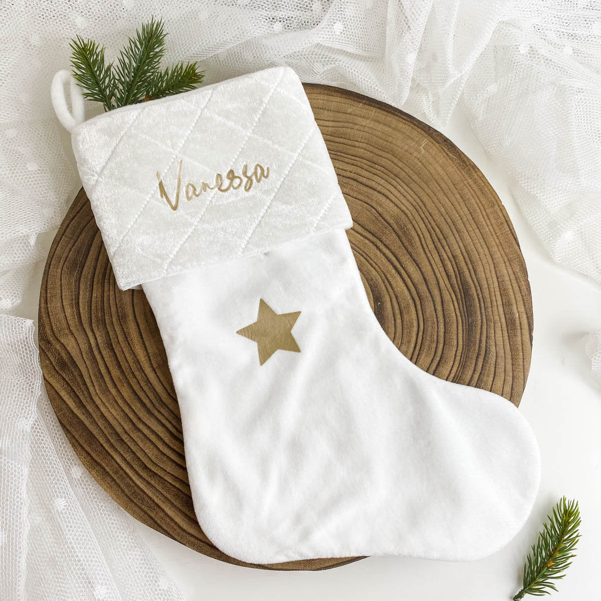 Weihnachtsstrumpf mit Namen Personalisiert Weiß/Weiß